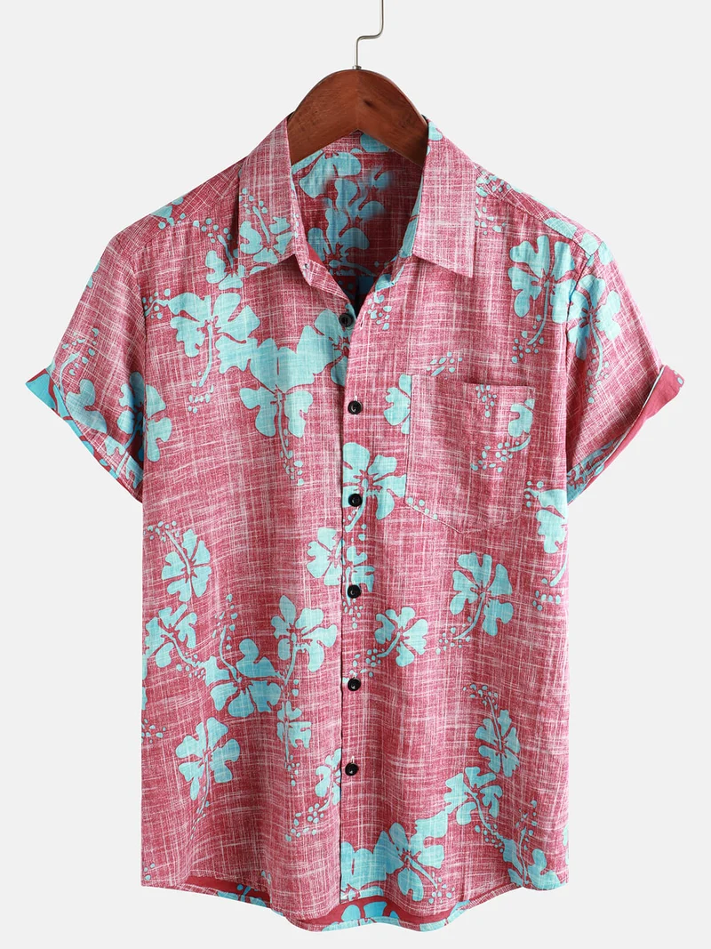 Men's Summer Hawaiian Style Shirt with Floral Pattern and Short Sleeves