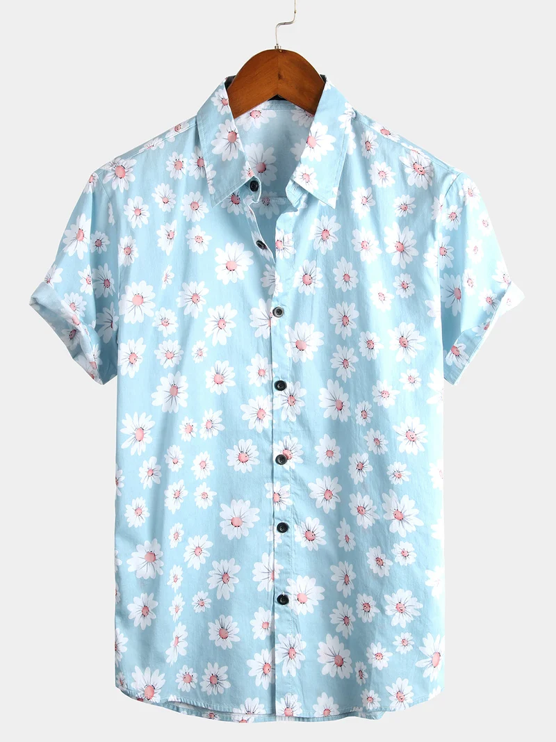 Men's Blue Floral Pattern Vacation Shirt with Buttons