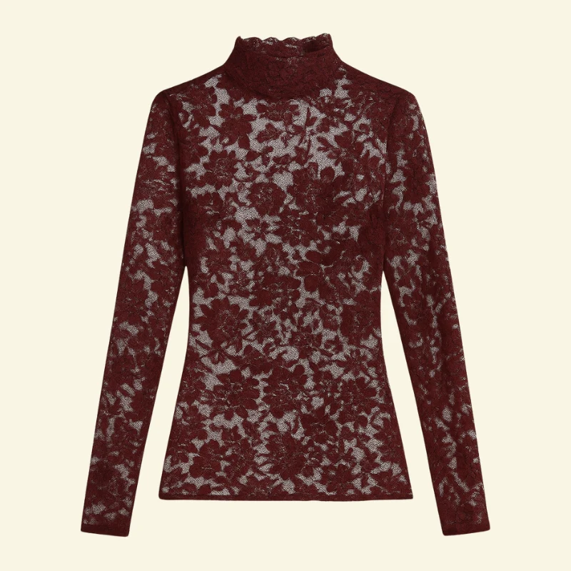 Women's Lace Blouse with High Neckline and Long Sleeves