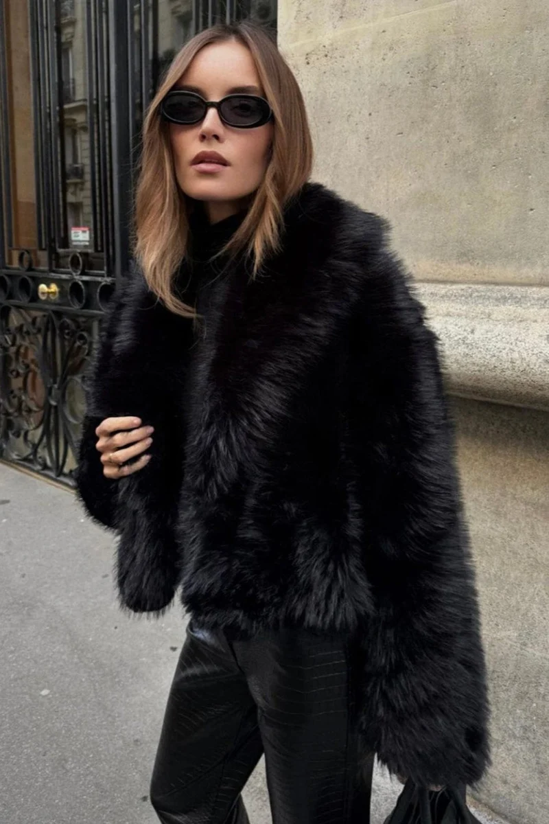 Short black coat made of eco-friendly fur for women