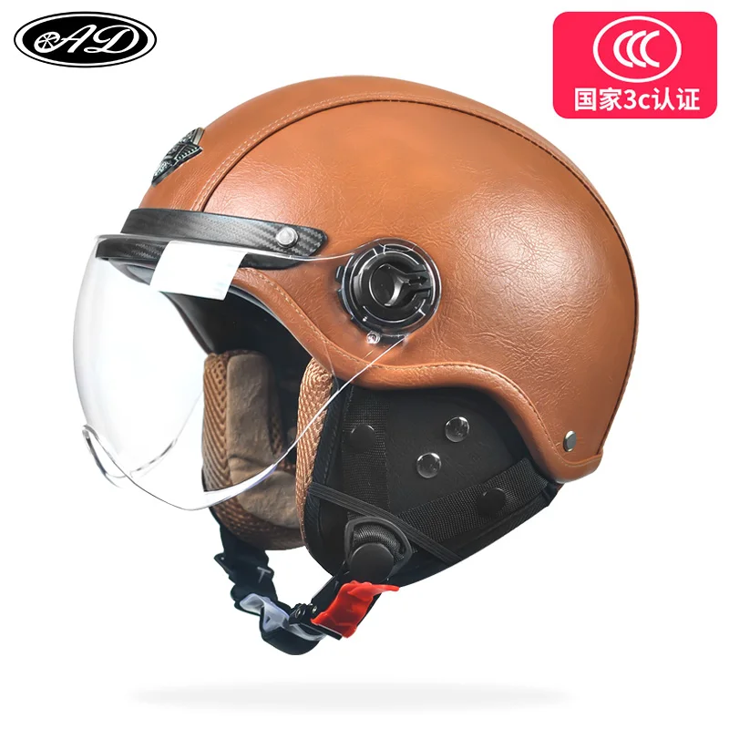 Motorhelm Open Face – Retro Design & Vizier met Leren Afwerking