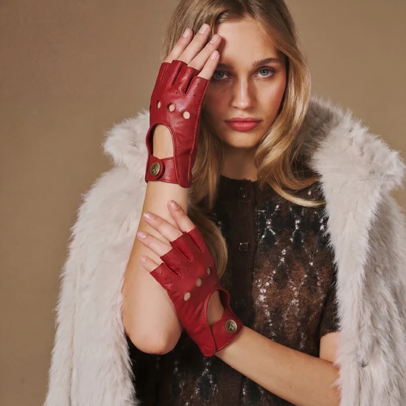 Selena (red) - Classic women's fingerless lambskin driving gloves