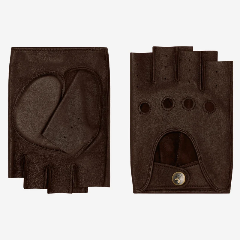 Liam (dark brown) - Classic men’s fingerless lambskin driving gloves