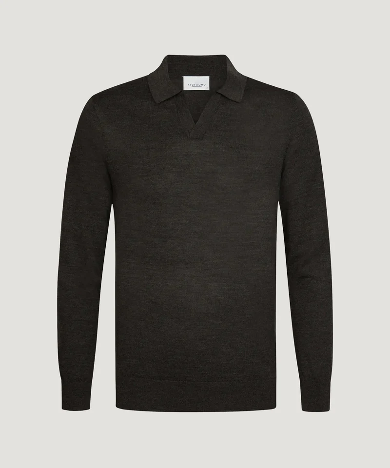 Open collar polo merino donkerbruin