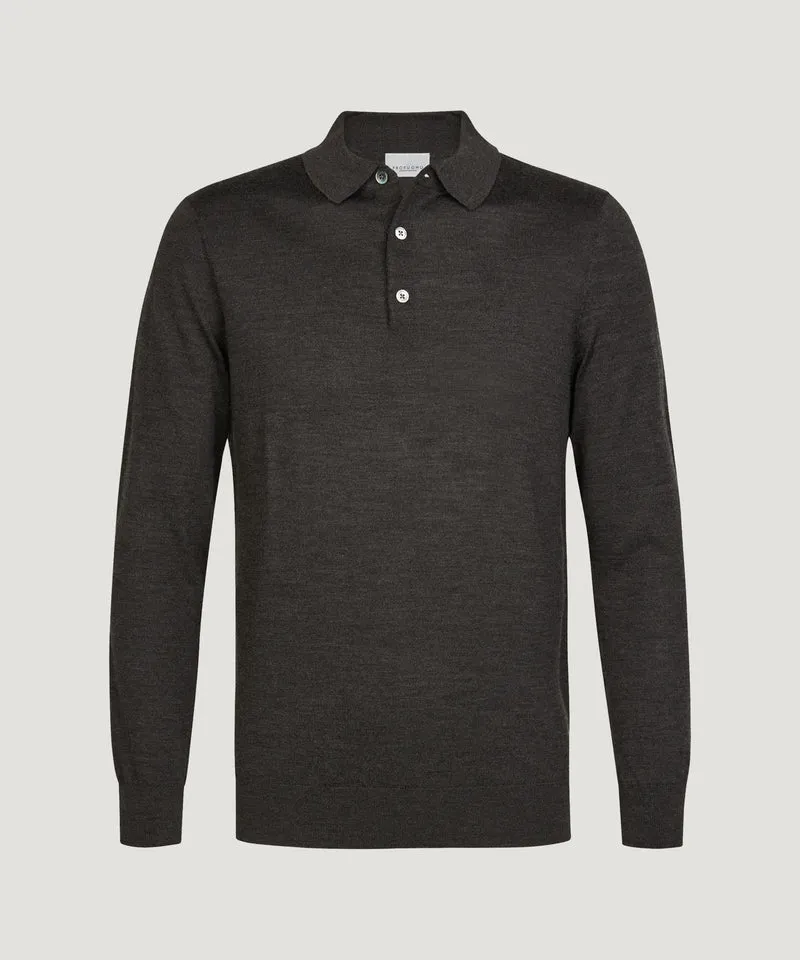 Long sleeve polo merino donkerbruin