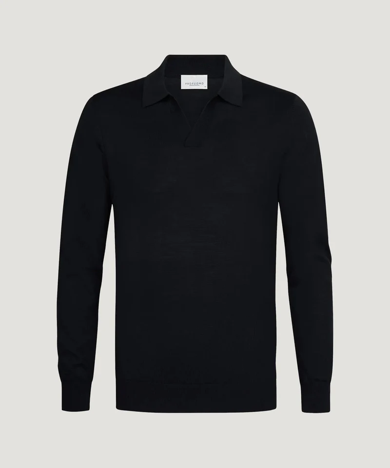 Open collar polo merino donkerblauw