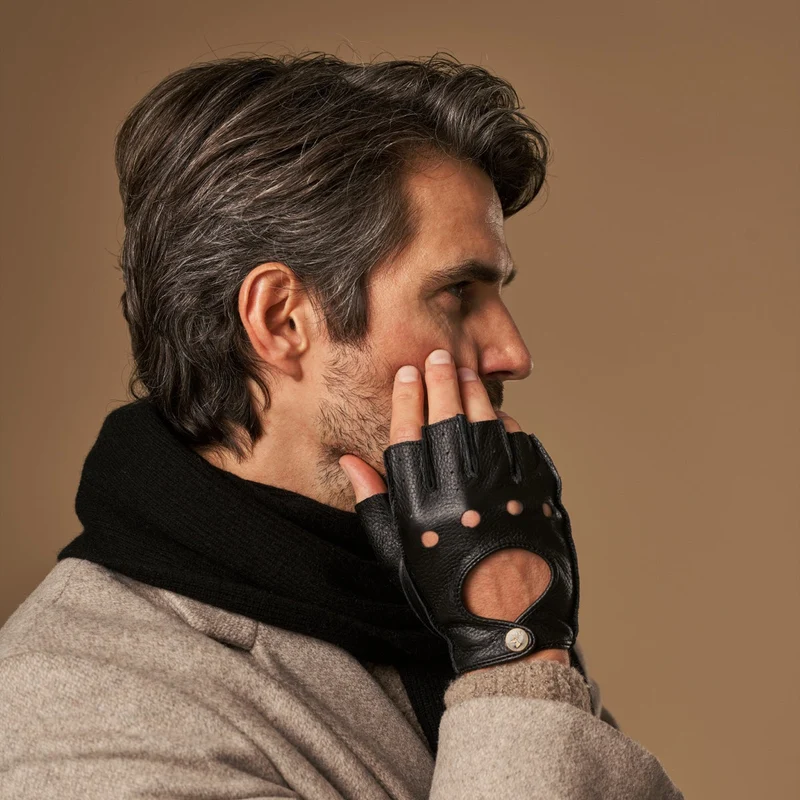 Zane (black) – Luxurious men's fingerless driving gloves made of American deerskin leather