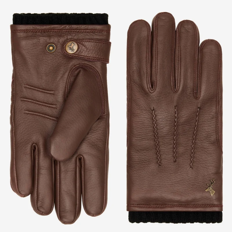 William (brown) - Goatskin leather gloves with warm fleece lining and press-stud