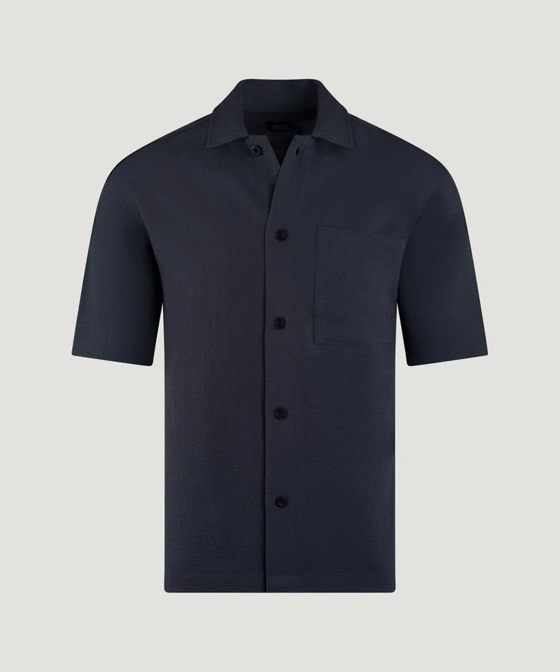 Seersucker camp collar shirt donkerblauw