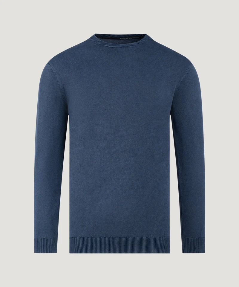 Round knit trui garment dyed blauw