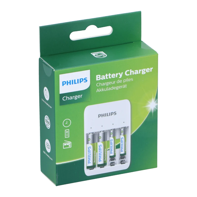 Philips - Batterijoplader – 4 USB-poorten – Snel en Efficiënt Opladen voor Meerdere Apparaten