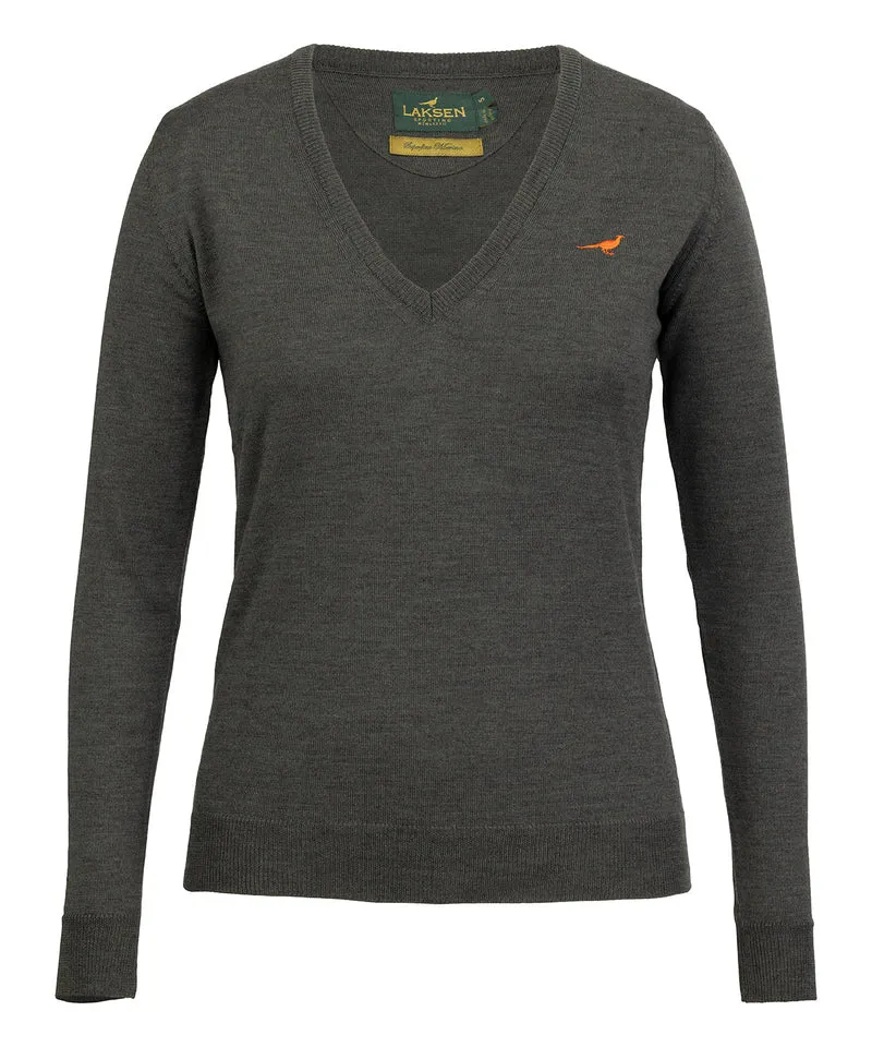 Laksen Camilla, merino damestrui met V-hals, loden green