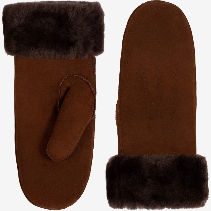 Beauvoire (brown) - Suede mittens with luxurious sheep fur lining