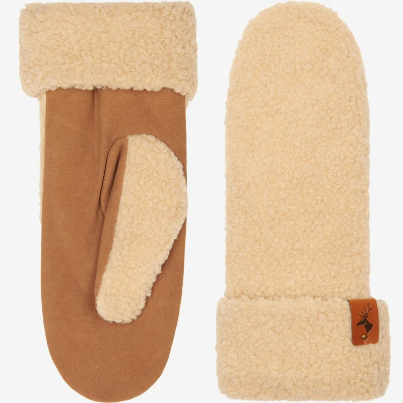Sophia (beige) - Suede teddy mittens with warm faux fur lining
