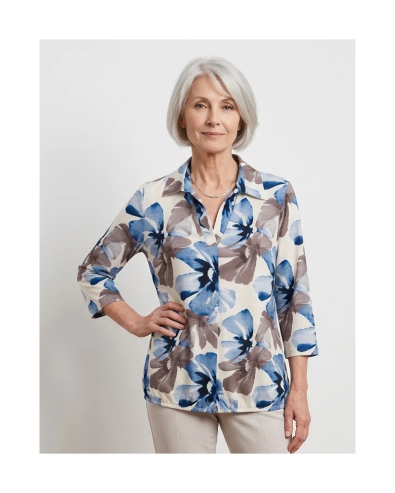 Blouson Poloshirt 3/4 Mouw – Bloem Rafblauw Taupe