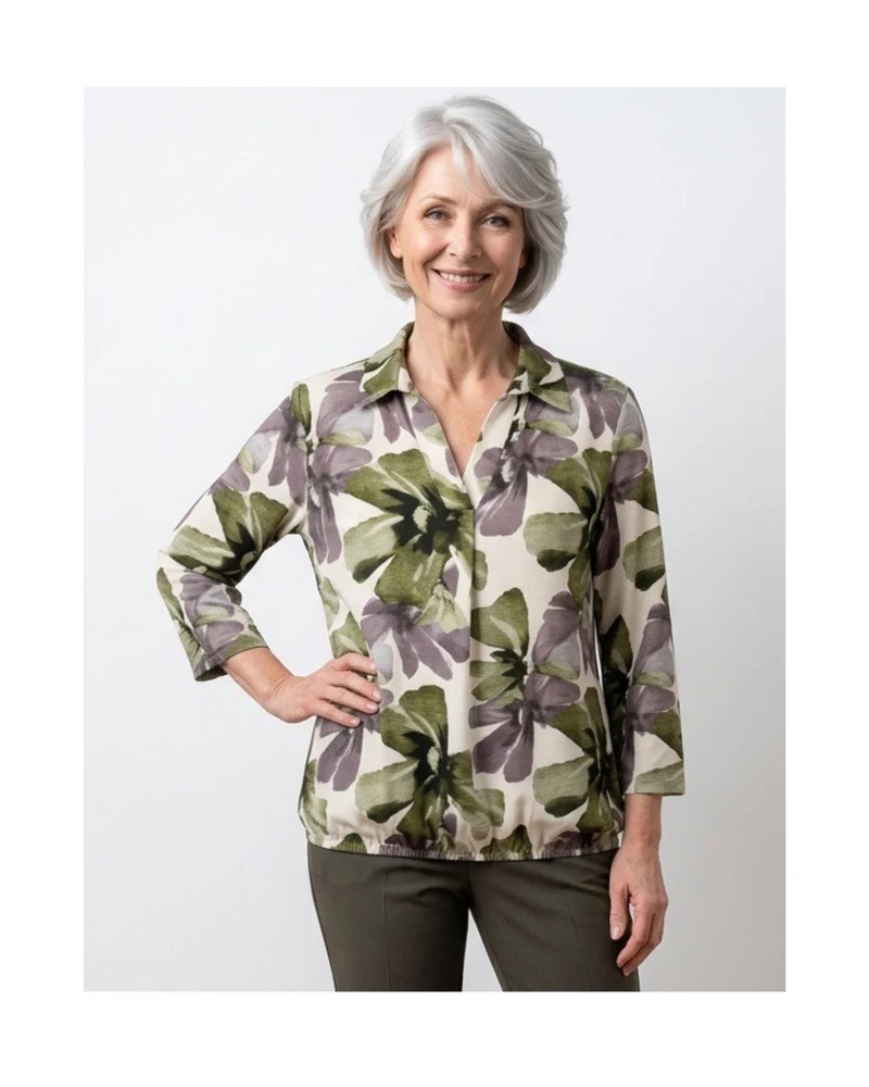 Blouson Poloshirt 3/4 Mouw – Bloem Groen Taupe