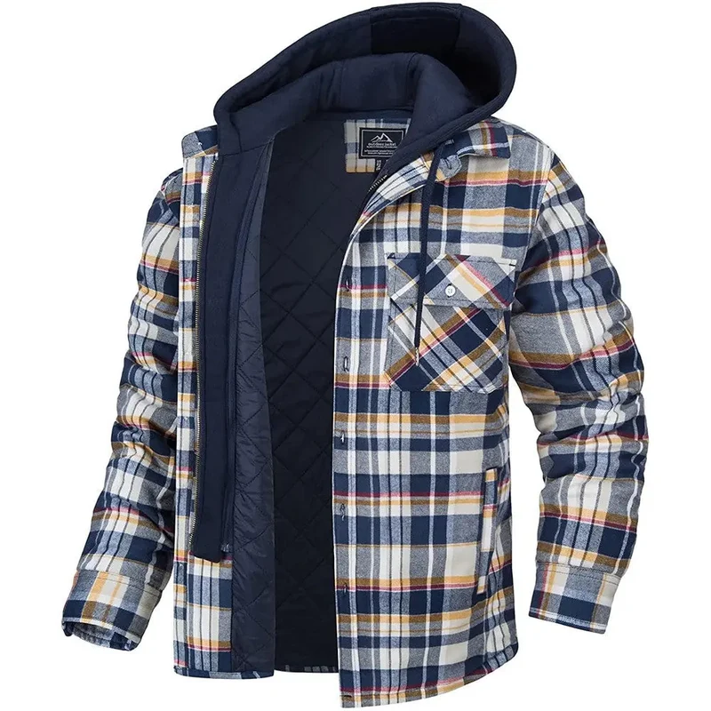 Heren gewatteerde geruite winddichte jacket met kap