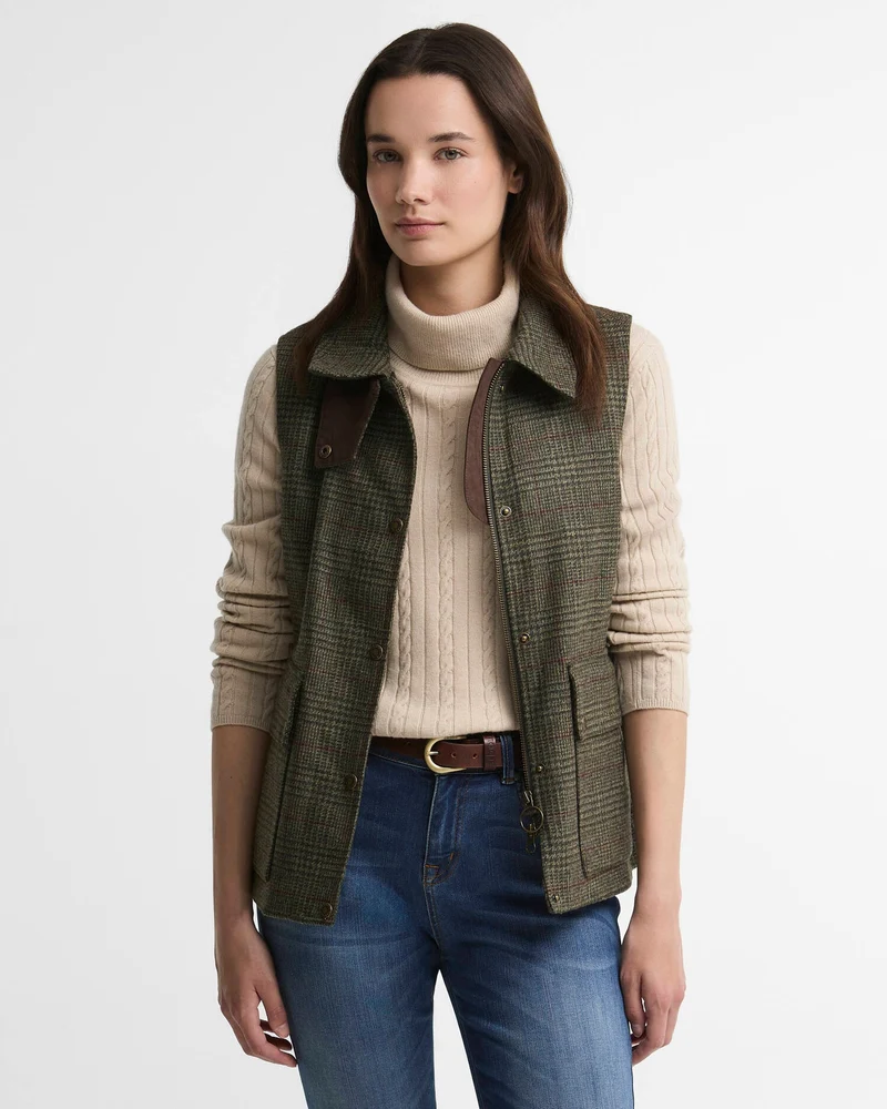 Barbour Joyce Wool Gilet, olive prince of wales check