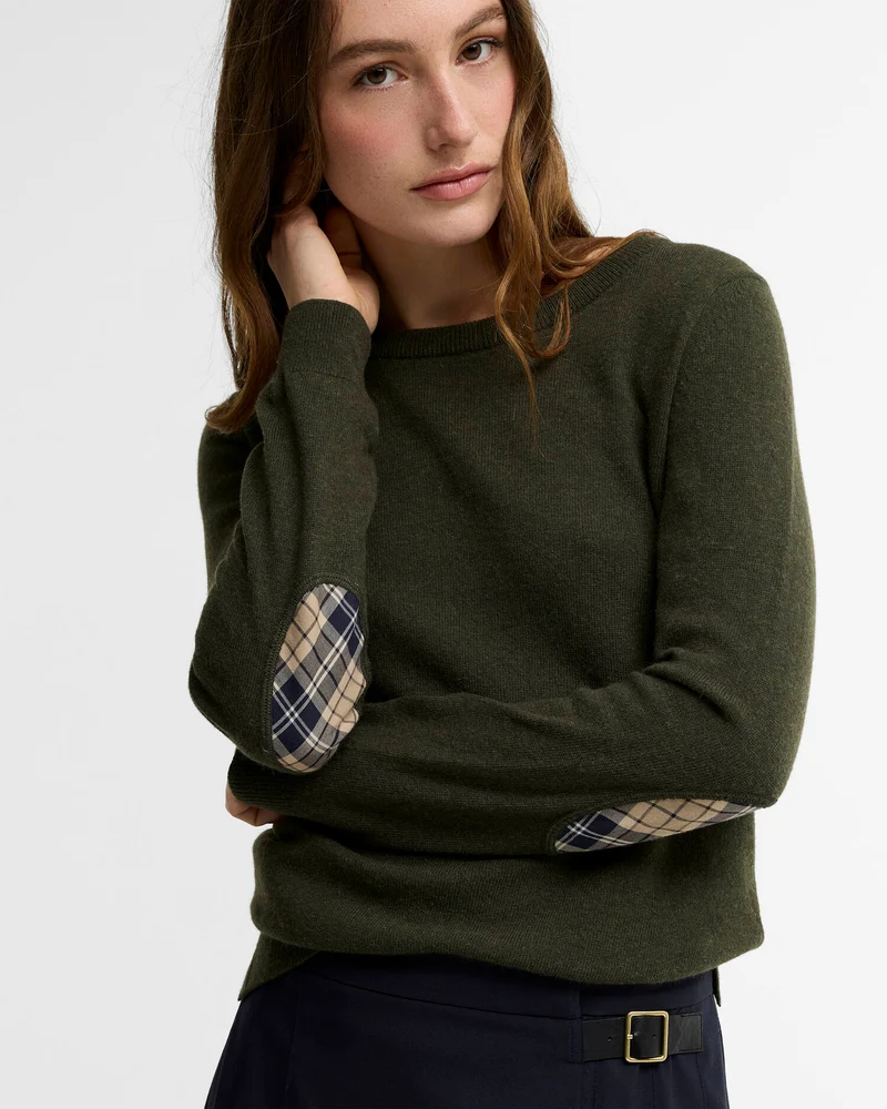 Barbour Pendle Crew Neck Knitted Jumper, olive/birchwood tartan