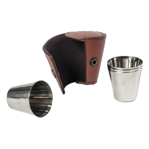 Set van 4 RVS "borrelcups" in leder-etui