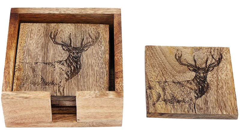 Onderzetters, set van 4, Hout met hertmotief