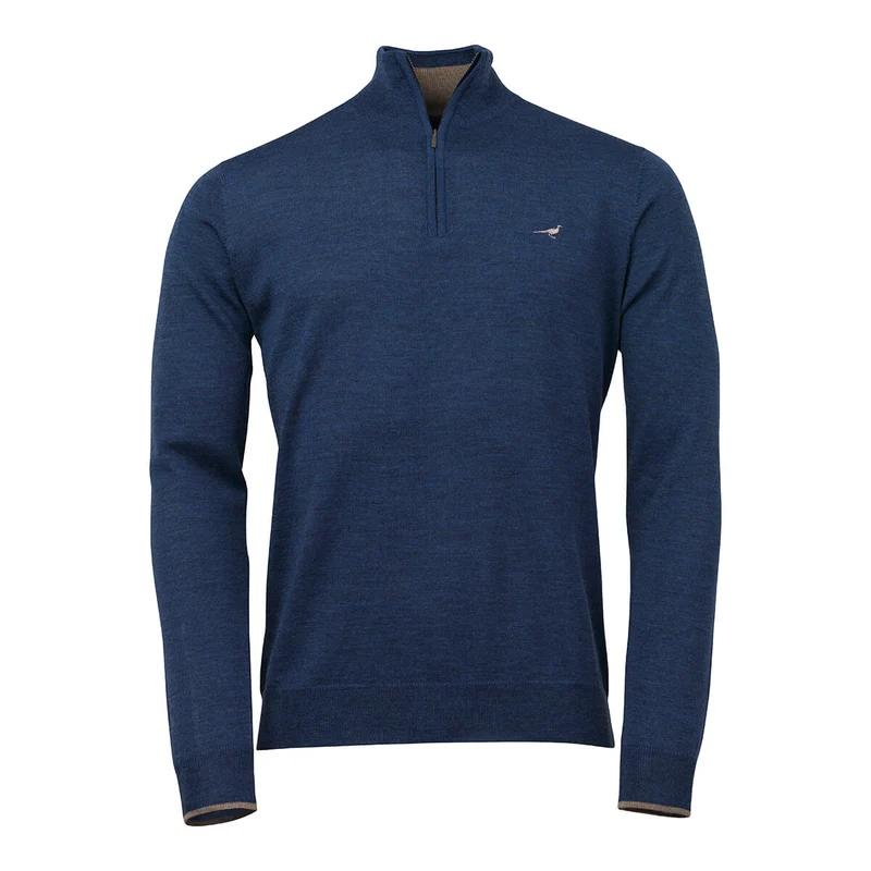 Laksen Norfolk, merino herentrui met rits, cornflower
