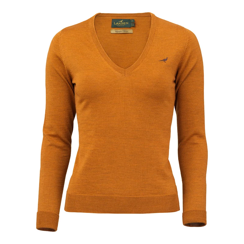 Laksen Camilla, merino damestrui met V-hals, mustard