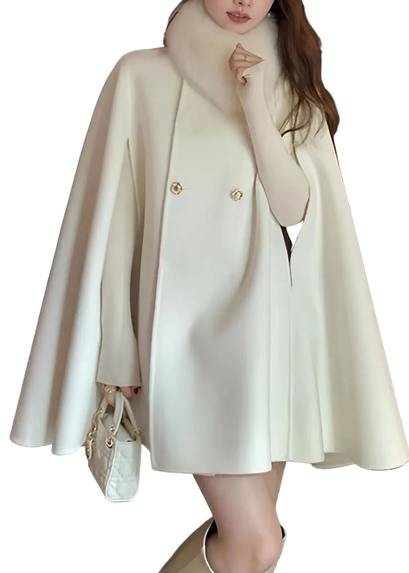 Luxe Dames Poncho Mantel met Bontkraag – Elegante Cape Jas met Knoopsluiting