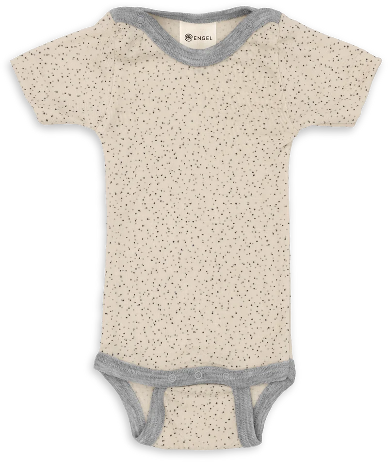 Engel Natur - Wol/Zijde Baby Romper Korte Mouw met Drukknopen - Naturel (Bedrukt)