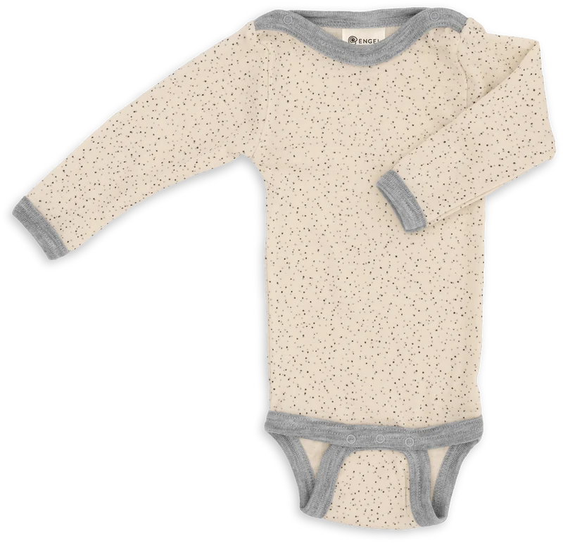 Engel Natur - Wol/Zijde Baby Romper Lange Mouw met Drukknopen - Naturel (Bedrukt)