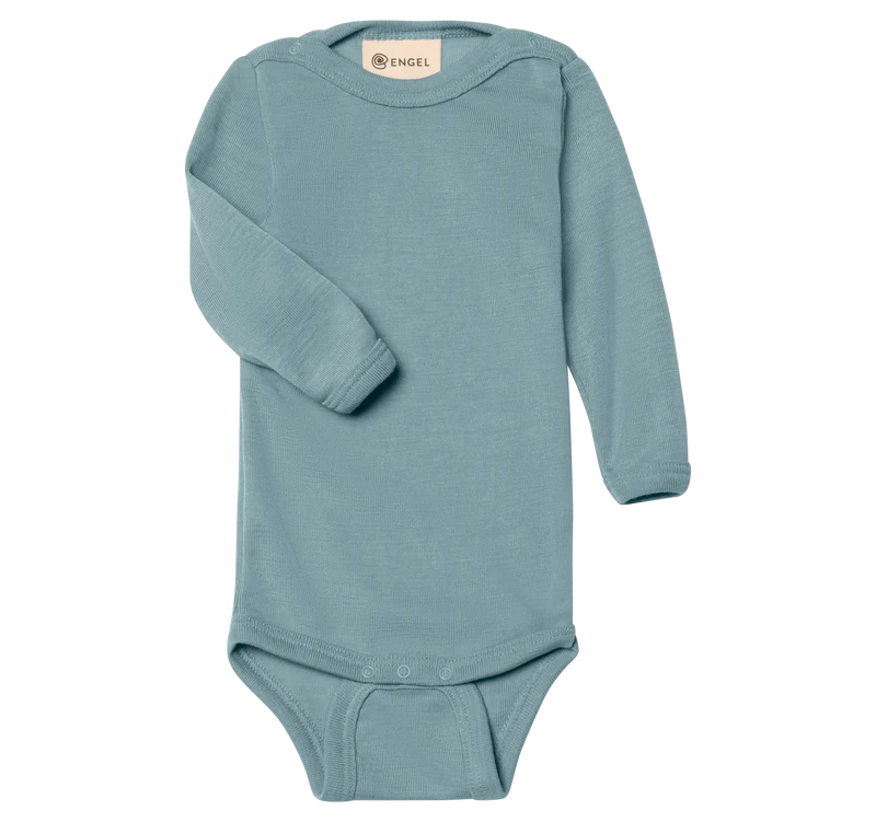 Engel Natur - Wol/Zijde Baby Romper Lange Mouw met Drukknopen - Bergblauw
