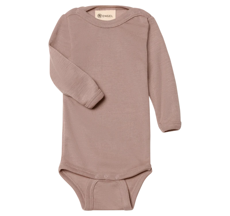 Engel Natur - Wol/Zijde Baby Romper Lange Mouw met Drukknopen - Oudroze