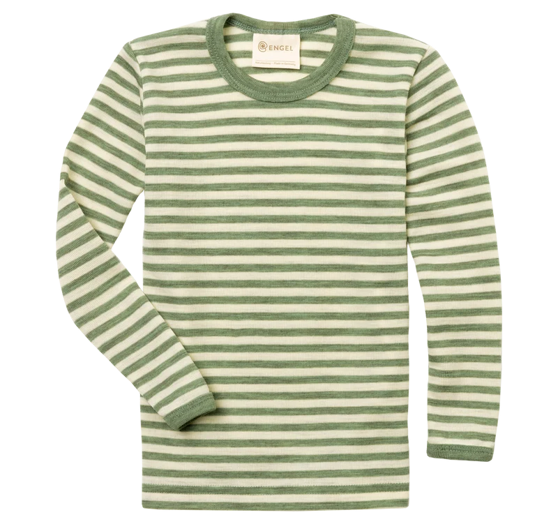 Engel Natur - Wol/Zijde Kinder Shirt, Lange Mouw - Saliegroen Mélange/Naturel