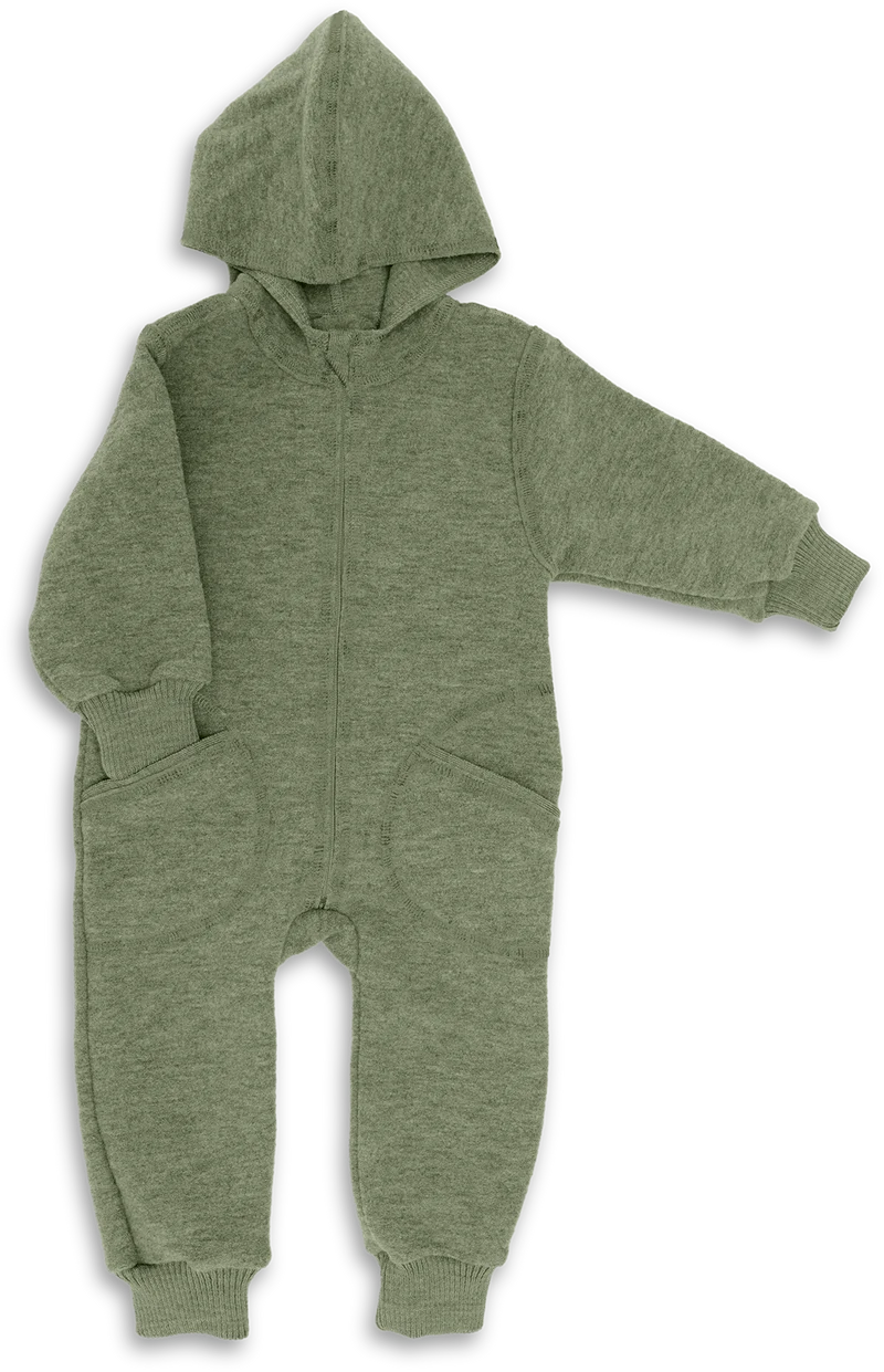 Engel Natur - Wol Baby Capuchon-overall met Rits - Saliegroen Mélange