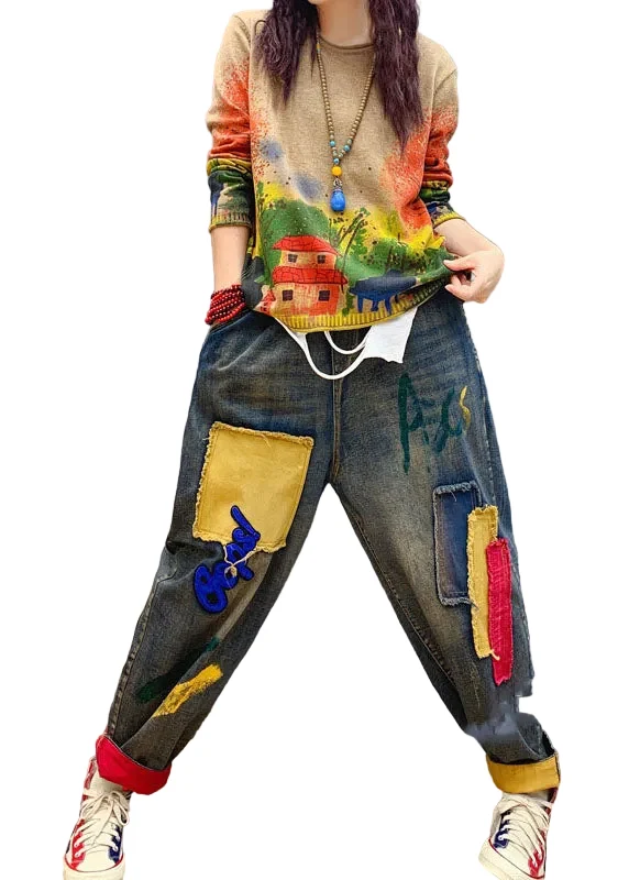Damesdenimbroek met blauwe applicatie