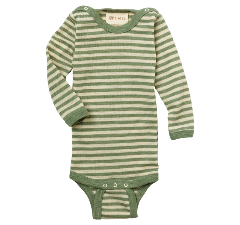 Engel Natur - Wol Baby Romper Lange Mouw met Drukknopen op de Schouders - Saliegroen Mélange/Naturel