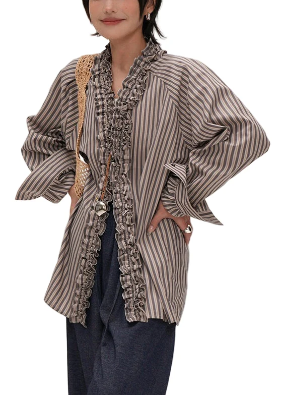 Vrouwen Ruffled Katoenen Shirt met Gestreepte V-hals