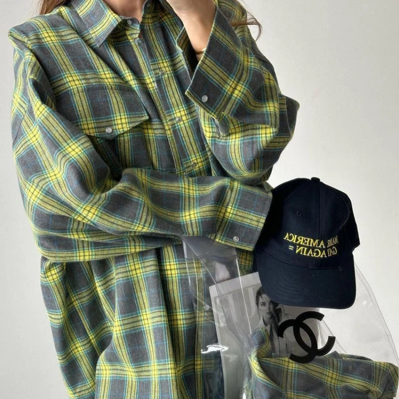 Dames Oversized Geruite Overhemd Katoenmix Casual