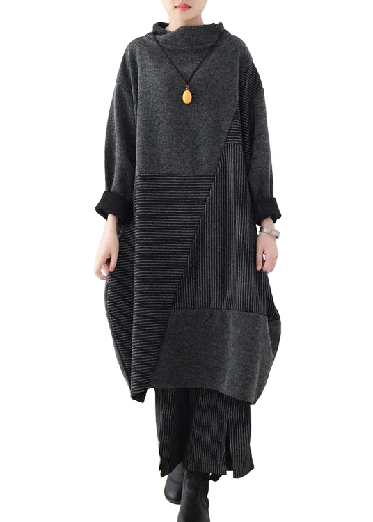 Dames Tweedelige Set Comfy Met Gestreepte Truitop en Wijde Pijpen Broek