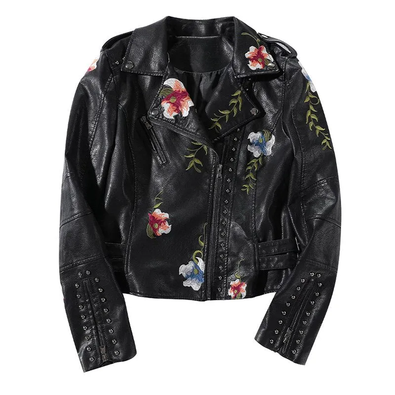 Geborduurd leren stijl jasje met bloemenprint