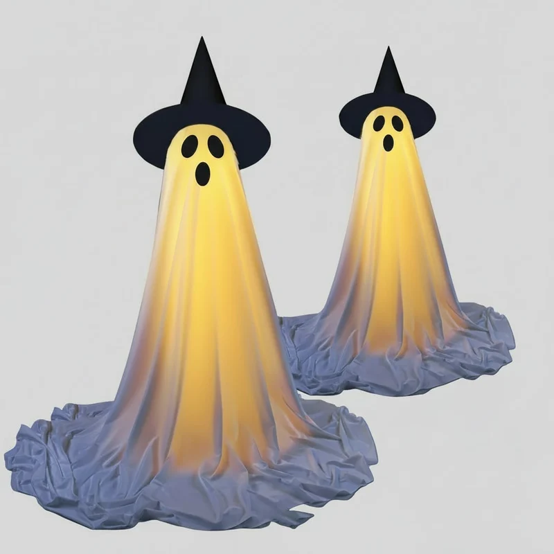 Halloween Light-Up Ghost Decoration with a Telescopic Stand and Witch’s Hat