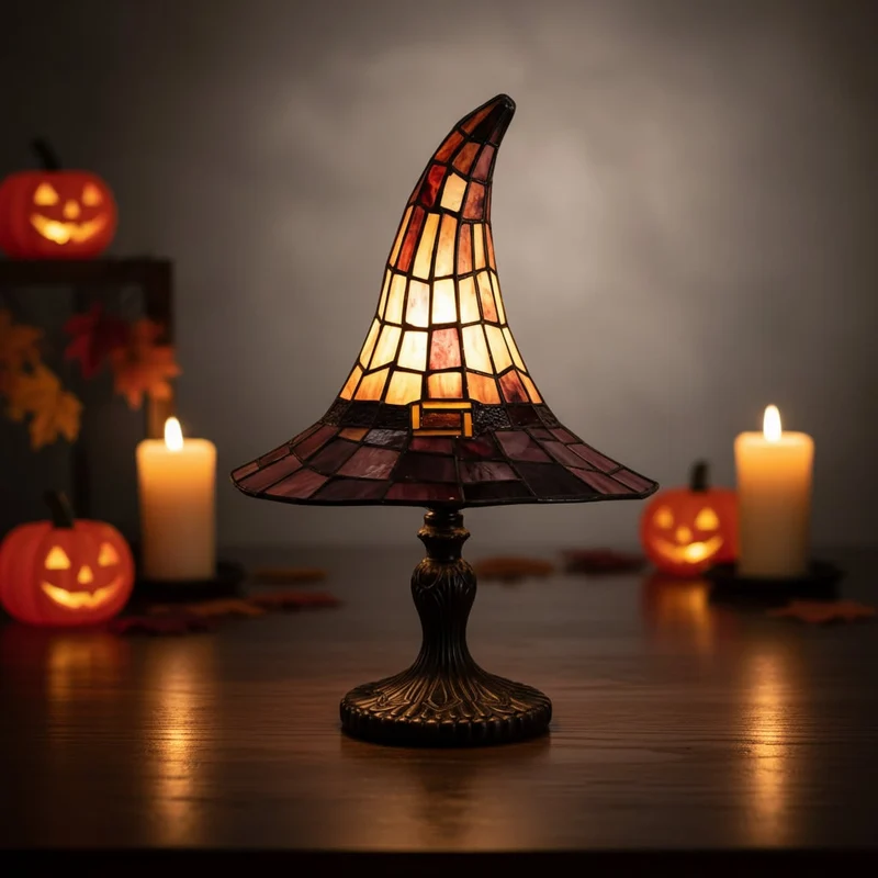 Halloween Tiffany Witch Hat Stained Glass Table Lamp with Metal Base