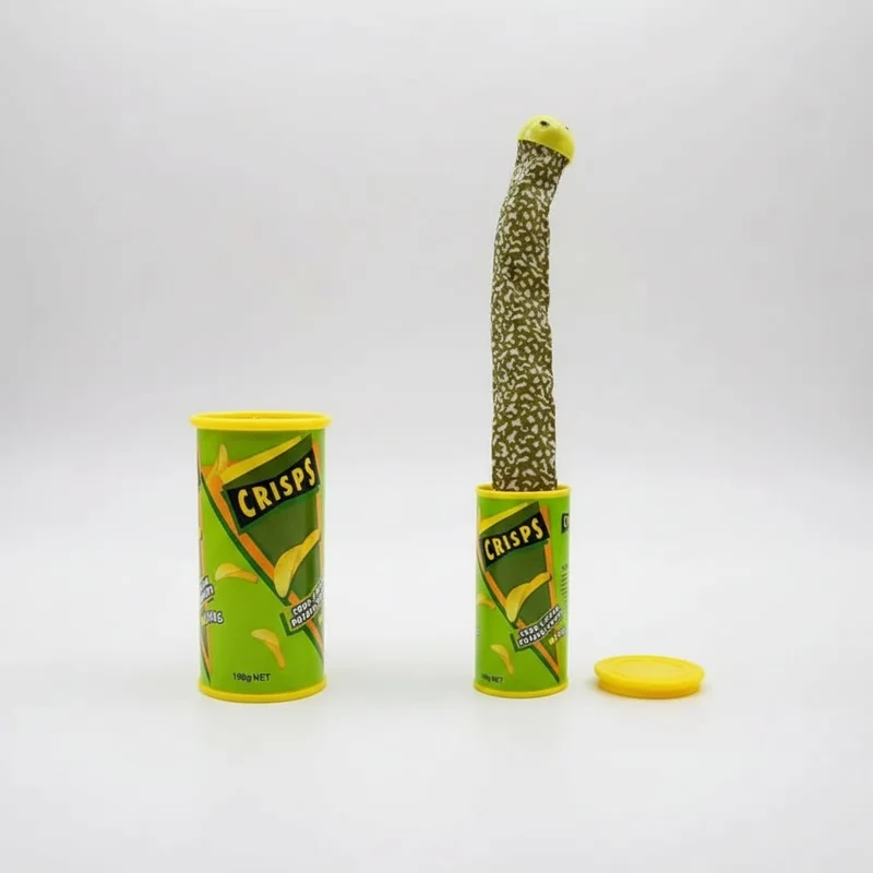 Halloween prank: spring-loaded snake jumping out of a can, chips—trick or treat after the chips