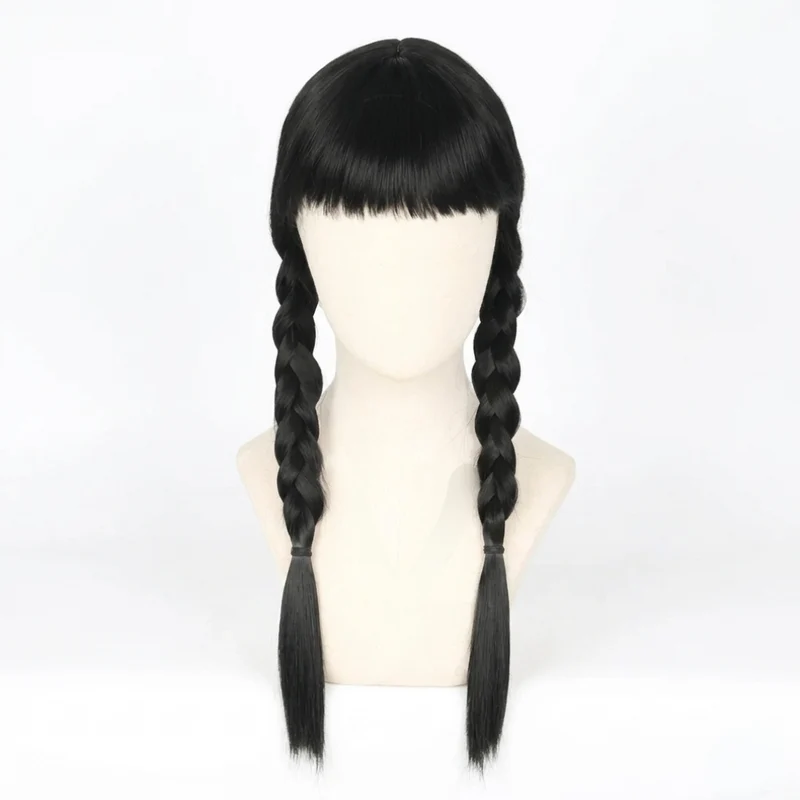 Halloween Women’s Wig with Braids and Bangs, Black Synthetic Costume, Men’s Long Hair