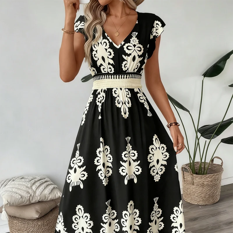 Maxi damesjurk met barokprint en V-hals