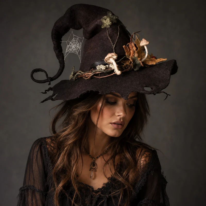 Halloween Felt Witch Hat with a Curved Tip and Fantasy Decorations