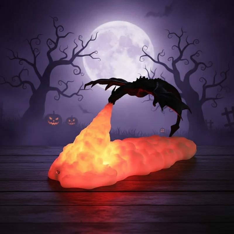 Halloween Dragon Night Light with LED-Lit Base and Flame for Bedroom or Desk