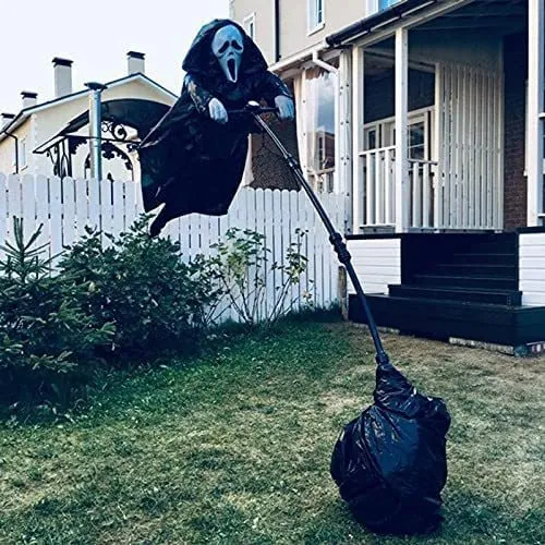 Halloween Animated Scarecrow with Ghost Mask and Black Robe, Garden Deterrent