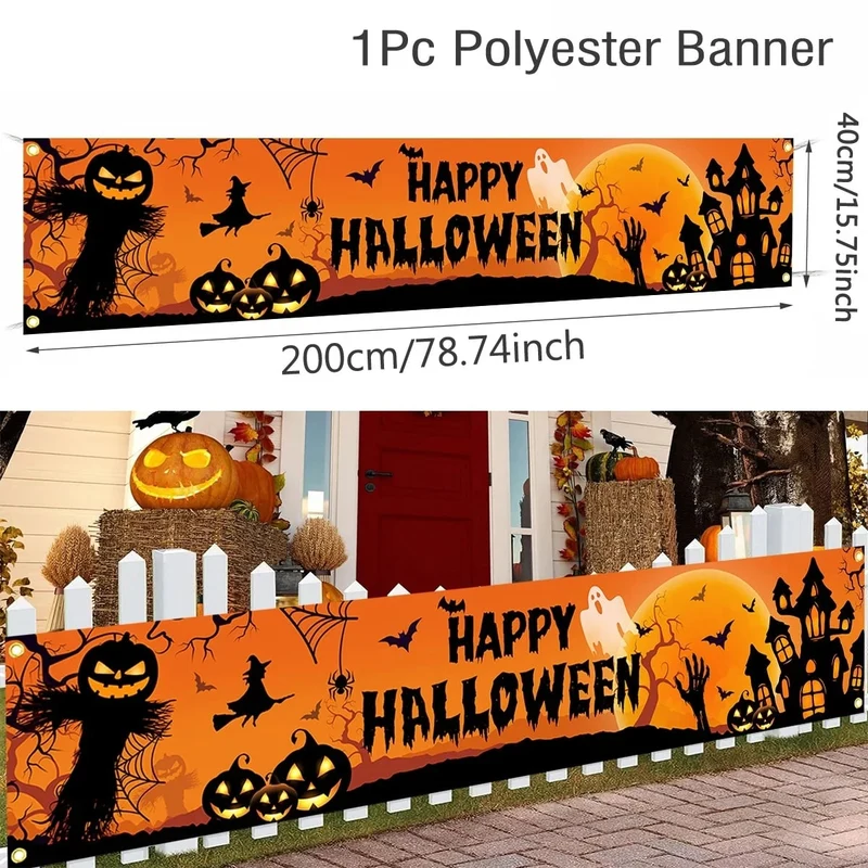 Halloween Pumpkin and Ghost Fence Banner 200x40 cm Polyester with Metal Grommets