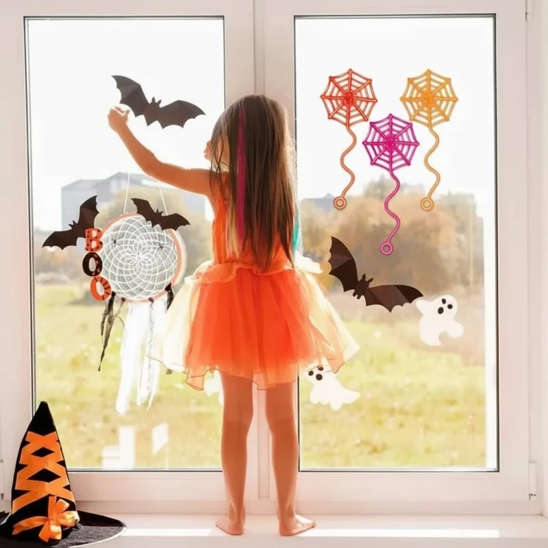 Halloween Decoration Sticky Spider Web for Attaching to Windows and Walls, Set